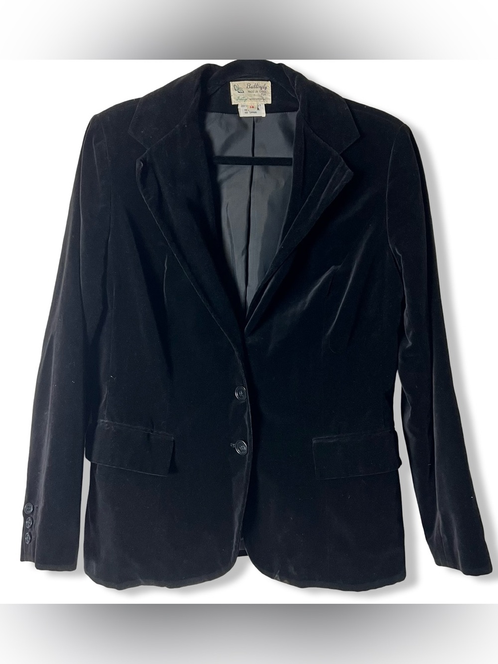 Goth Butterfly Dark Academia VTG Black Velvet Blazer 100% Cotton 60s Retro Sz 14
